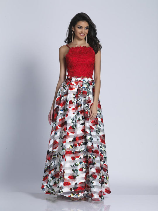 Dave & Johnny - A6137 Two Piece Lace and Floral Print A-line Gown in Print