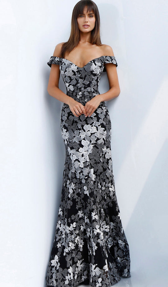 Jovani - 61380 Two Tone Embroidered Off-Shoulder Trumpet Dress In Black and Gray
