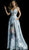 Jovani - 61396 Beaded Deep V-neck Floral Pleated A-line Dress In Blue and Multi-Color