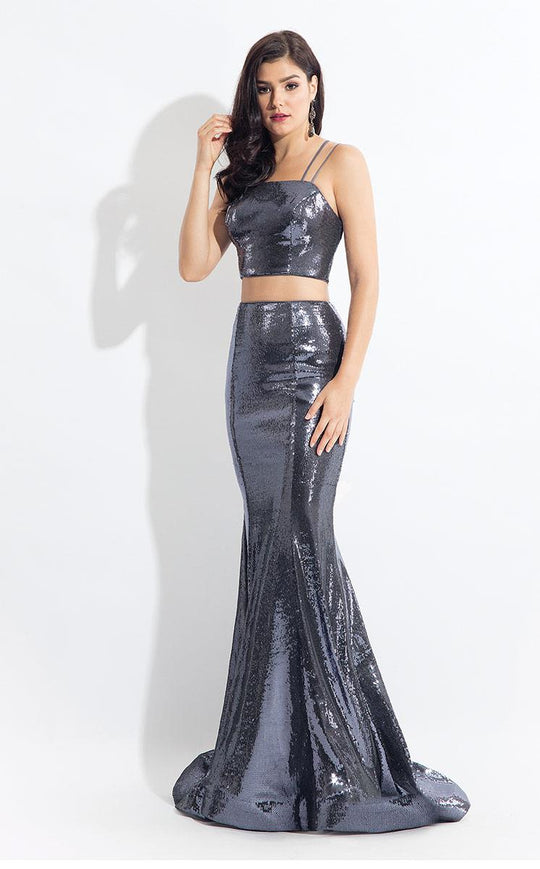 Rachel Allan  - 6141 Two Piece Sequined Mermaid Dress in Silver