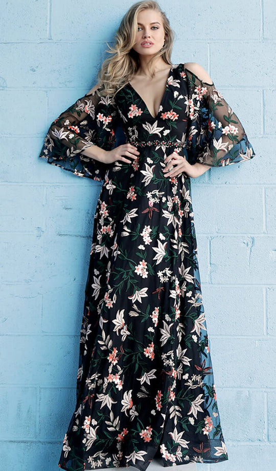 Jovani - 61525 Illusion Angel Sleeve Floral Embroidered Gown in Black and Multi-Color