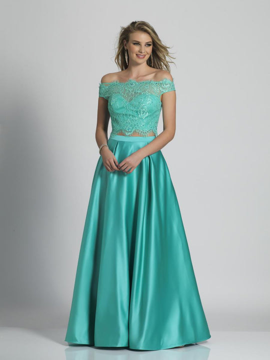 Dave & Johnny - A6154 Scalloped Off Shoulder A-line Dress in Green