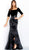 Jovani - Quarter Sleeve Velvet Bodice Ruffled High Slit Gown 61551 In Black