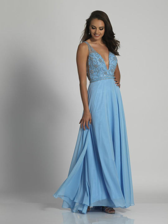 Dave & Johnny - A6155 Deep V-Neck Beaded Evening Gown in Blue