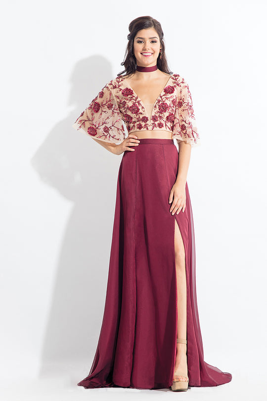 Rachel Allan  - 6157 Floral Beaded Kimono Two-Piece Gown in Red