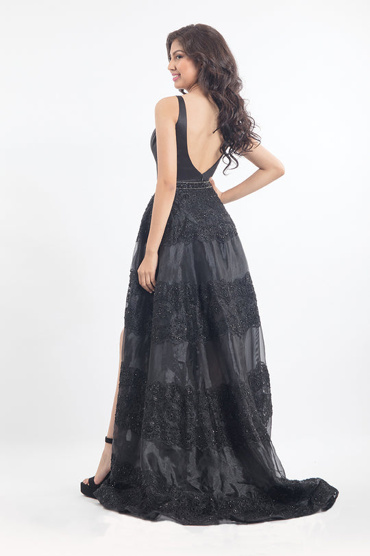 Rachel Allan  - 6159 Sleeveless Striped Lace Overlay Gown in Black