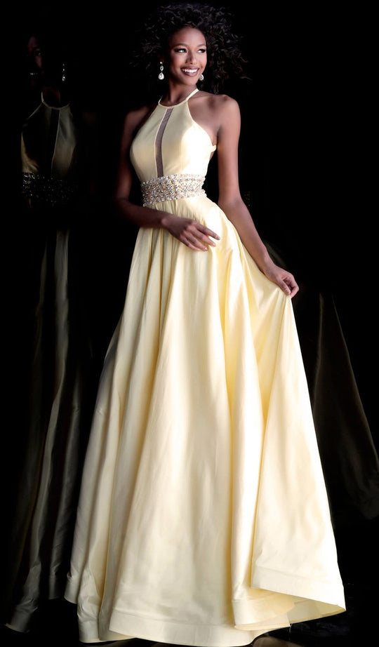 Jovani - 61645 Embellished Halter Long A-line Dress in Yellow