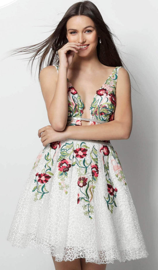 Jovani - 61649 Floral Embroidered Plunging V-Neck Cocktail Dress in White and Multi-Color