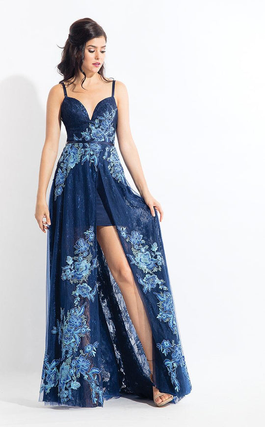 Rachel Allan  - 6164 Lace Embroidered A-line Dress in Blue