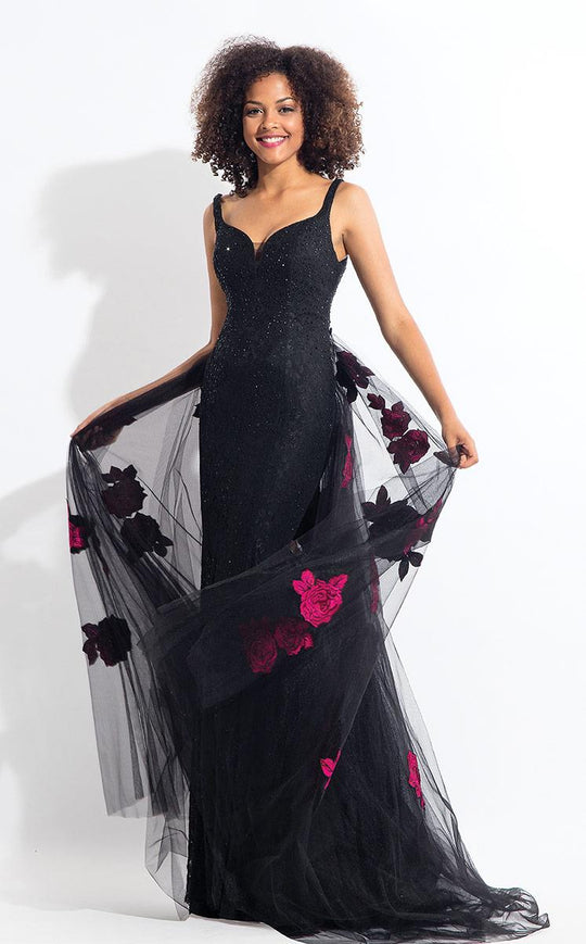 Rachel Allan  - 6168 Lace/Tulle V-neck Sheath Dress in Black