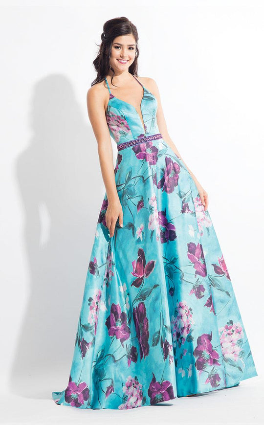 Rachel Allan  - 6169 Thin Straps Floral Print Gown  in Blue and Green