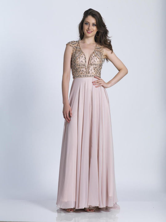 Dave & Johnny - A6184 Ornate V-Neck Embellished Evening Gown in Neutral