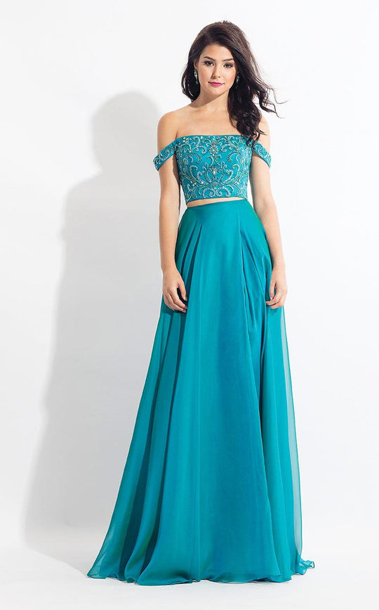 Rachel Allan  - 6184 Beaded Off-Shoulder Chiffon A-line Dress in Green