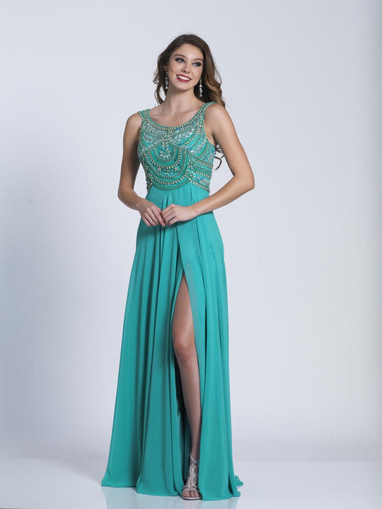 Dave & Johnny - A6187 Beaded Scoop A-line Dress in Green