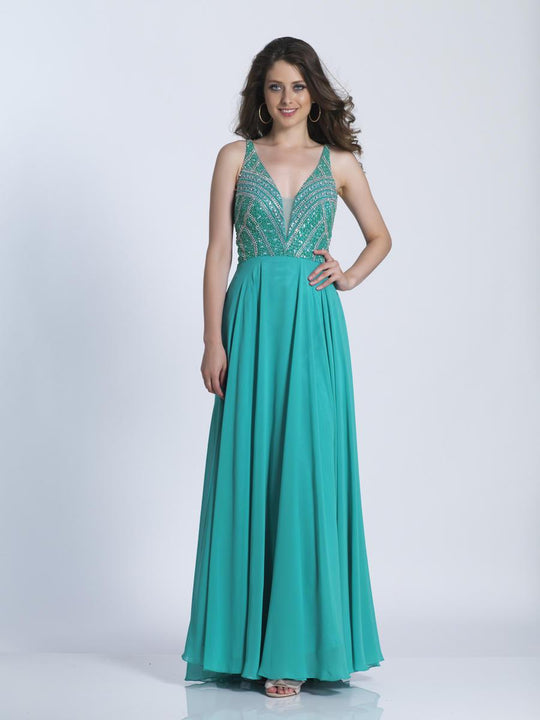 Dave & Johnny - A6188W Sleeveless V-Neck Beaded A-Line Gown in Blue