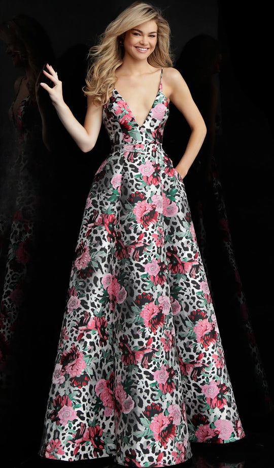 Jovani - 61908 Floral Print Deep V-neck A-line Dress In Multi-Color