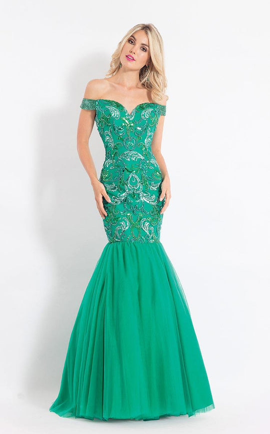 Rachel Allan  - 6193 Off Shoulder Embellished Trumpet Gown in Green