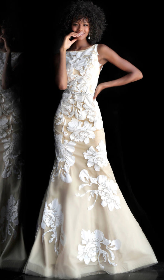 Jovani - 61962 Floral Embellished Bateau Mermaid Dress in Neutral and White