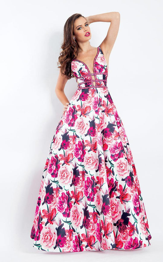 Rachel Allan  - 6196 Floral Print Beaded Deep V-neck Ballgown in Pink and Floral