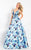 Rachel Allan  - 6196 Floral Print Beaded Deep V-neck Ballgown in Blue and Floral