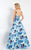 Rachel Allan  - 6196 Floral Print Beaded Deep V-neck Ballgown in Blue and Floral