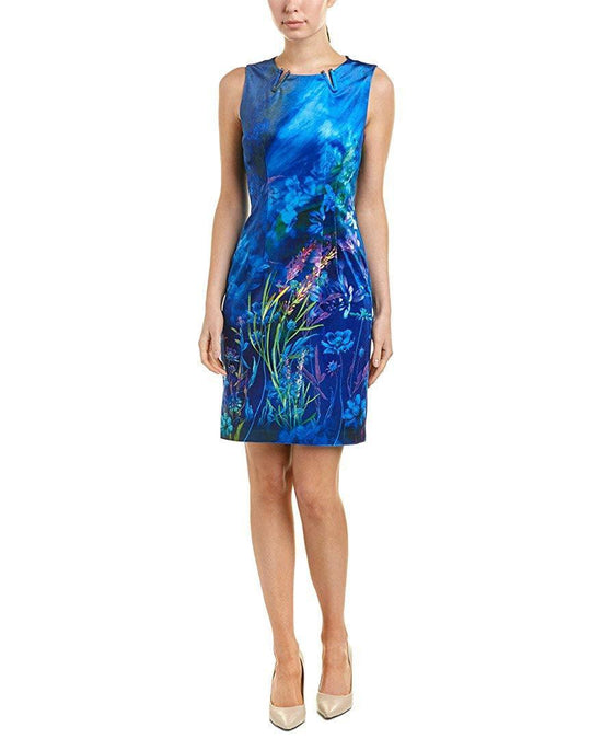 T Tahari - F105M608 Multi-Print Jewel Neck Fitted Dress In Blue and Multi-Color