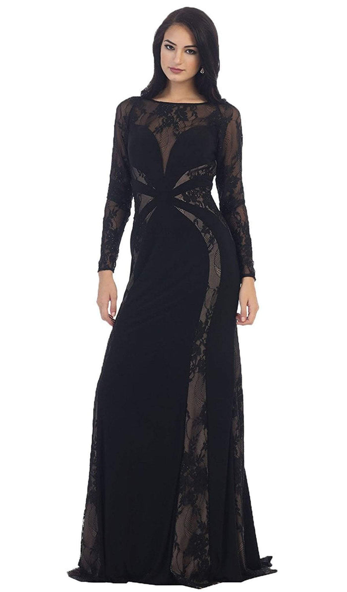 Paneled Sheer Lace Sheath Long Evening Gown