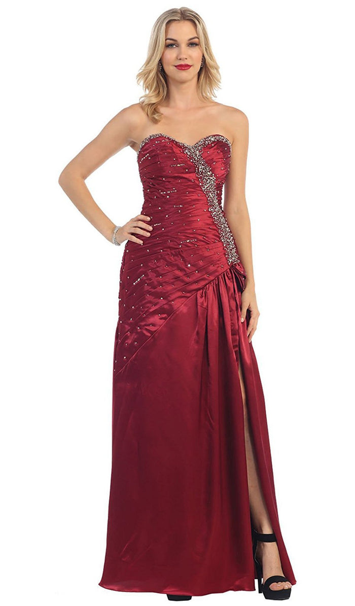 Pleated Asymmetrical Waist Strapless Prom Gown