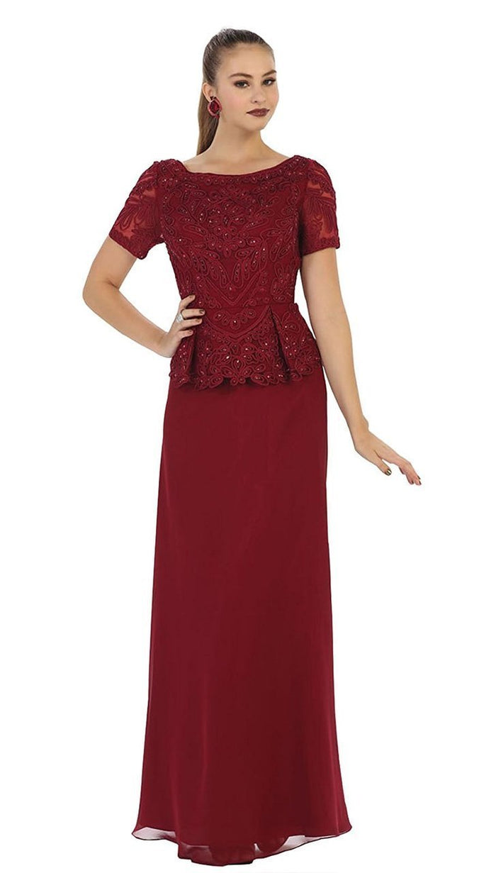 Short Sleeve Embroidered Bateau Neck A-line Evening Dress