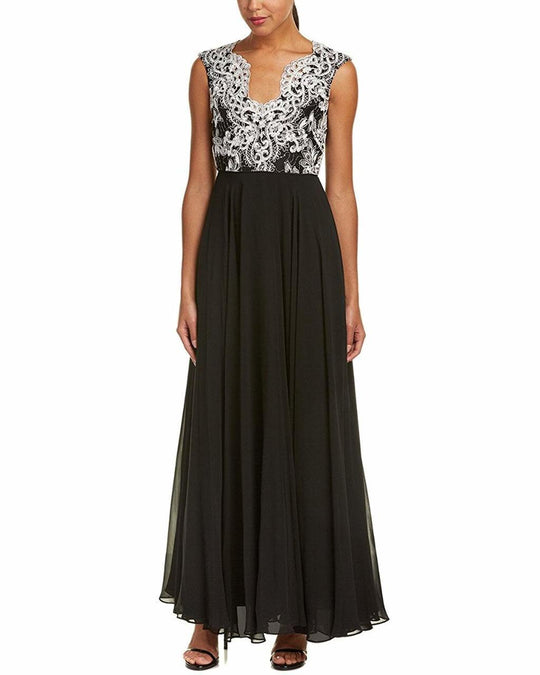 Aidan Mattox - MD1E201158 Metallic Lace Scalloped V-neck A-line Dress in White and Black