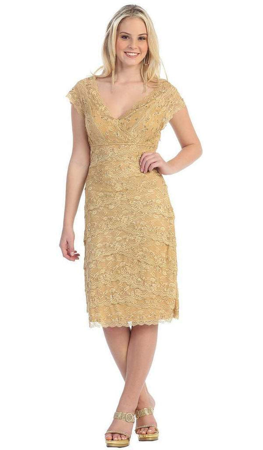 May Queen MQ974 Tiered Scallop Lace V-Neck Formal Dress In Gold
