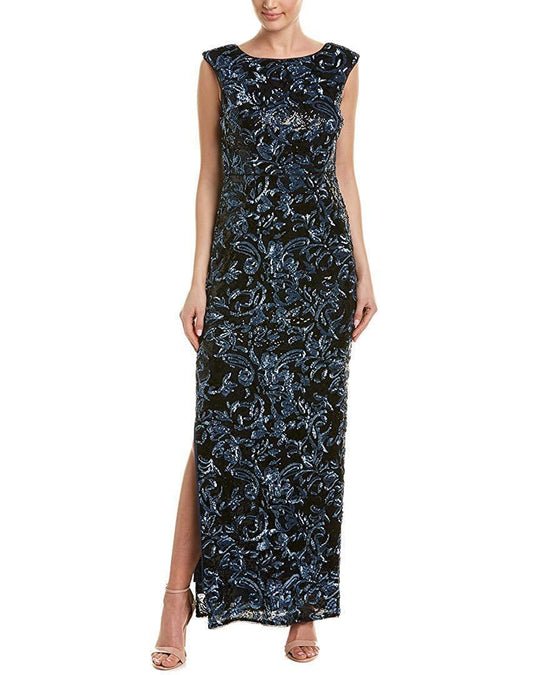 Aidan Mattox - MD1E203098 Bateau Neckline V-Back Column Dress In Blue and Black