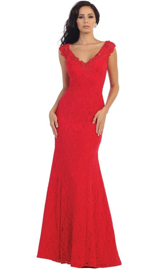 May Queen Cap Sleeves Lace V-neck Trumpet Evening Gown MQ-1217 in Red
