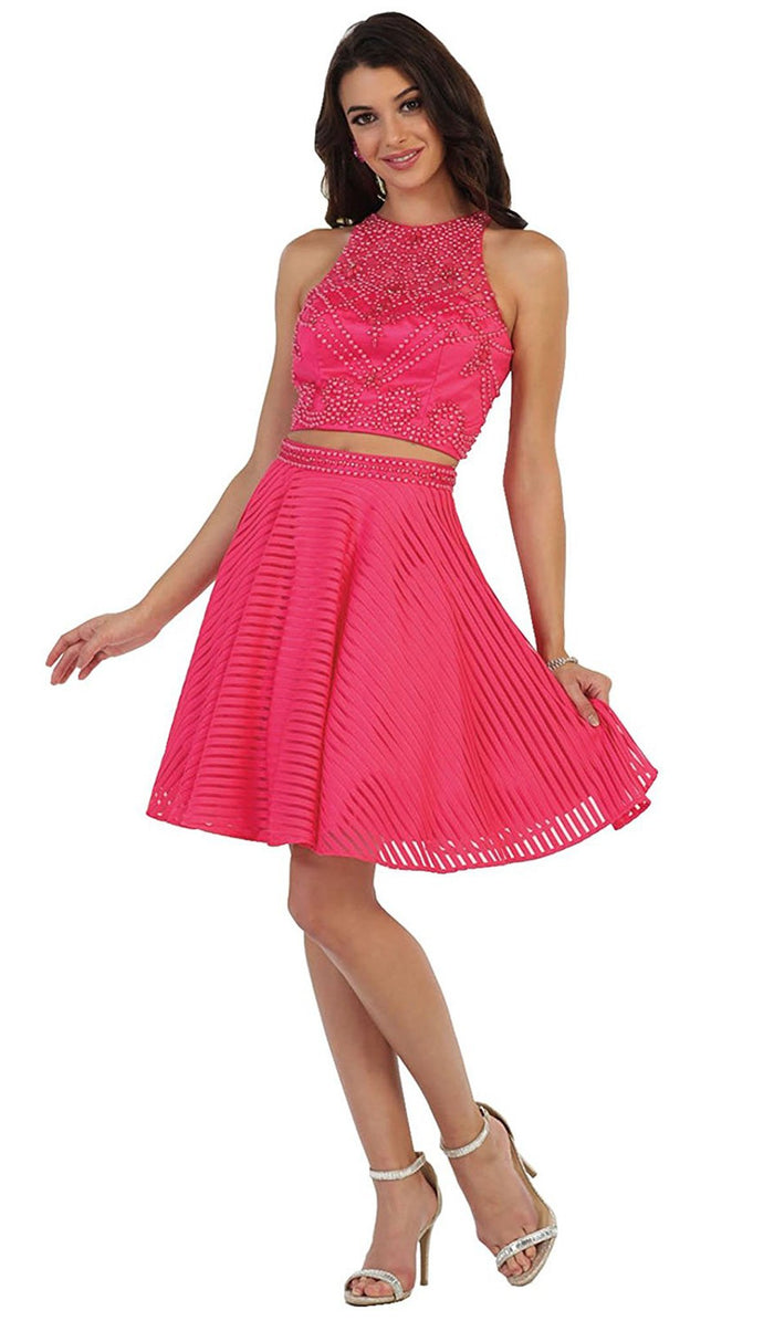 Two-Piece Ornate Jewel Textured Cocktail Dress