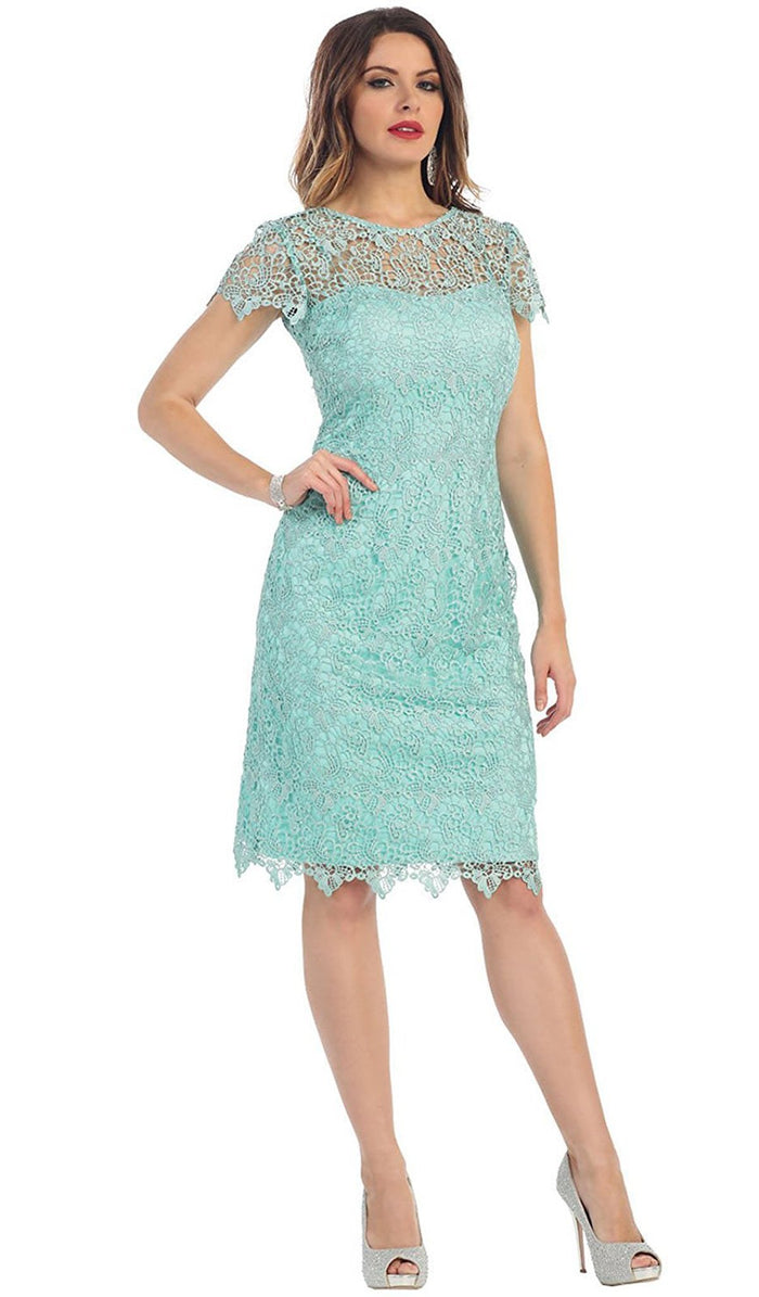 Short Sleeve Illusion Lace Sheath Formal Dress