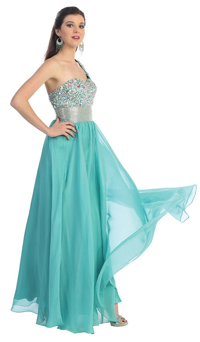 Jewel Embellished Asymmetrical Neck Chiffon Prom Dress