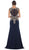 May Queen - RQ7464 Metallic Lace Embroidered V-Neck Sheath Evening Dress In Blue