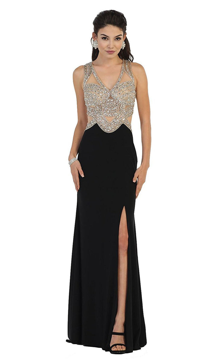 Sequined and Beaded Embellished Bodice Cutout Illusion Evening Gown