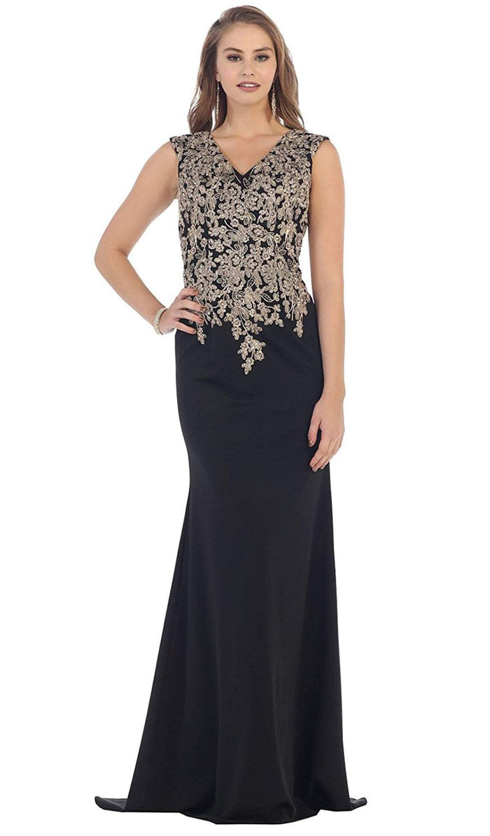 Metallic Lace Embroidered V-Neck Sheath Evening Dress