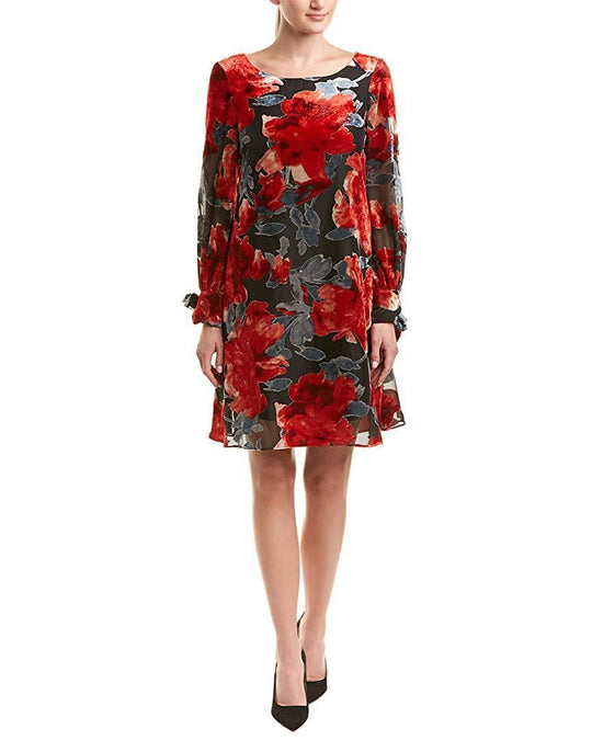 Taylor - 9986M Floral Long Sleeves Cocktail Dress In Red and Gray