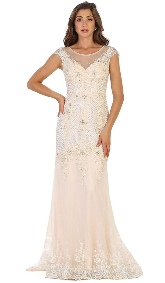 May Queen - Cap Sleeve Rhinestone Embellished Evening Gown