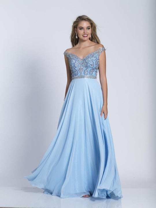 Dave & Johnny - A6201 Off-Shoulder Embellished Chiffon Gown in Blue