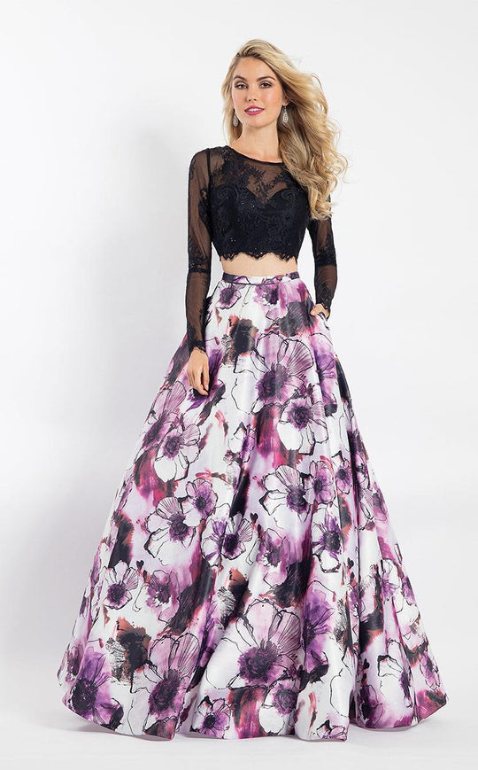 Rachel Allan  - 6201 Long Sleeves Two-Piece Floral Print Gown in Purple