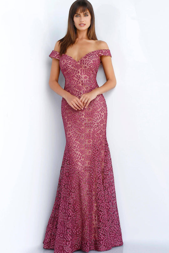 Jovani - 62021 Lace Off-Shoulder Trumpet Dress In Red