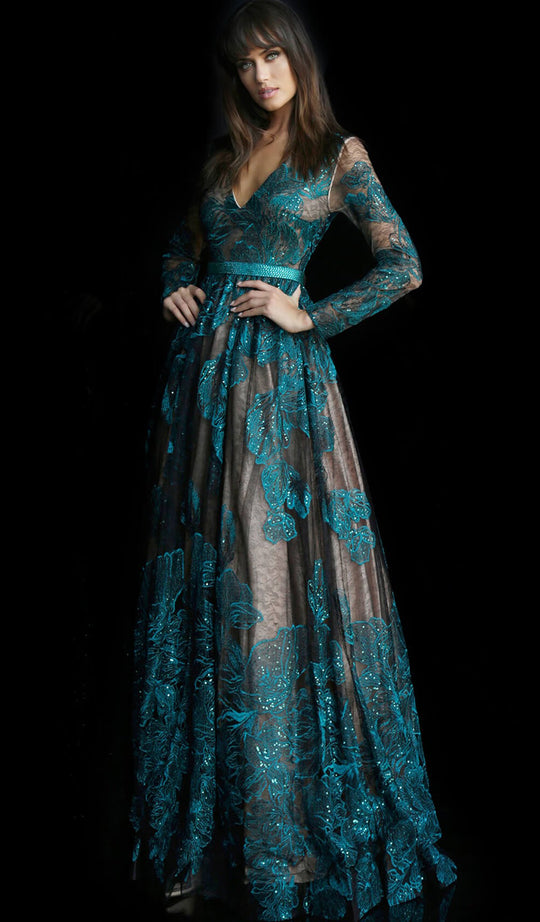 Jovani - 62027 Embroidered Long Sleeve A-line Dress In Green and Black