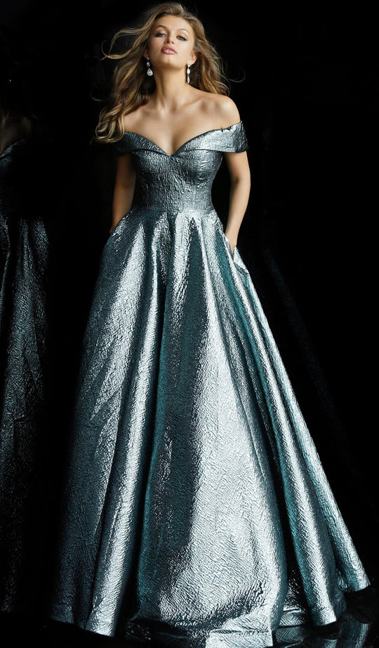 Jovani - 62041 Metallic Folded Off-Shoulder Ballgown In Gray