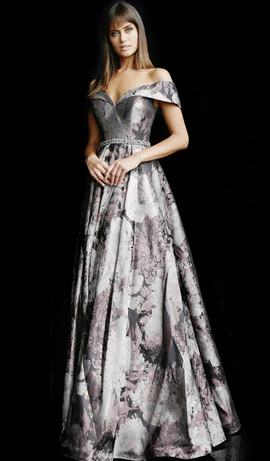 Jovani - 62042 Embellished Off-Shoulder Floral Print Ballgown In Brown