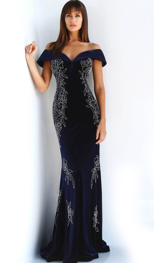Jovani - 62045 Embellished Velvet Off-Shoulder Trumpet Dress In Blue