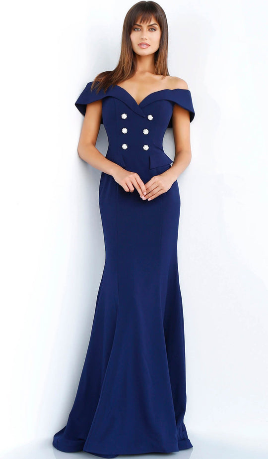 Jovani - 62047 Off Shoulder Button Accented Evening Dress  In Blue