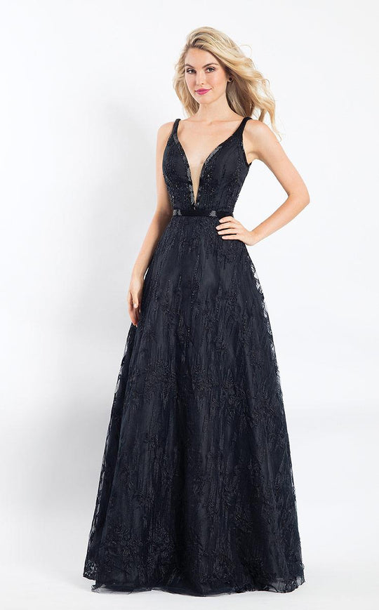 Rachel Allan  - 6206 Sleeveless Plunging V-Neck Lace Dress in Black